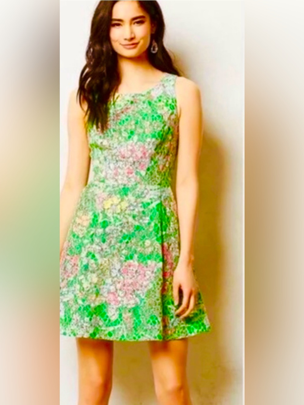 Maeve Laced Verbena Green Floral Mini Dress with Pink Accents
